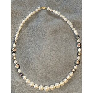 VTG Painted Cobalt Floral Glass Beaded Necklace, Faux Pearls, graduated 28"